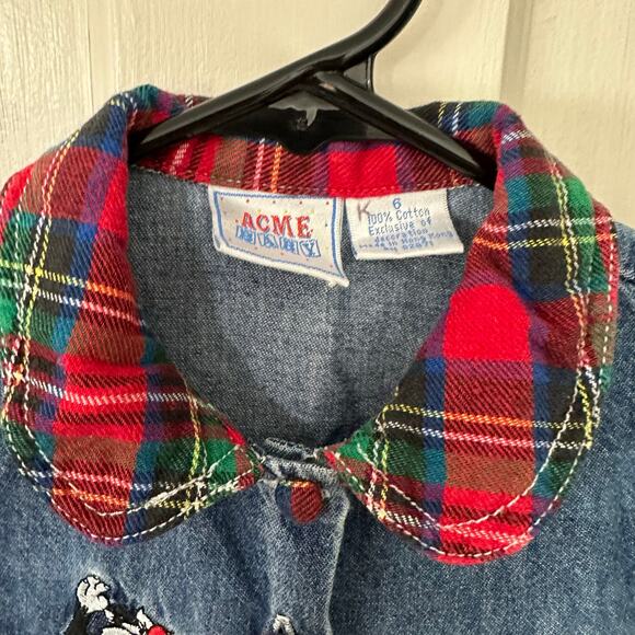 ACME Baby Dress Embroidered Tweety Bird Sylvester Size 6 Denim Plaid Tartan 90s - Picture 4 of 9